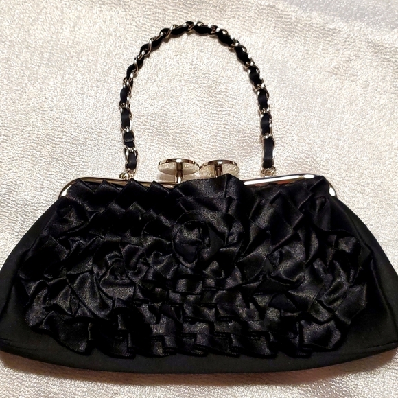 Kate Landry Black Ribbon Satin Purse With Rhinestones Closure Evening Bag